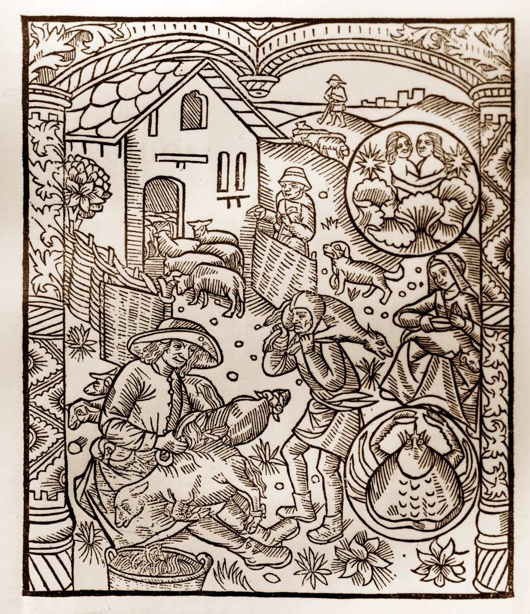 Pastýřský kalendář - Práce měsíců - Červen - Dřevoryt z knihy z roku 1496 vytištěné Guy Marchantem (Guido Mercator) v Troyes - Dřevoryt v „Le grand Calendrier et compost des shepherds“ - od Guy Marchant