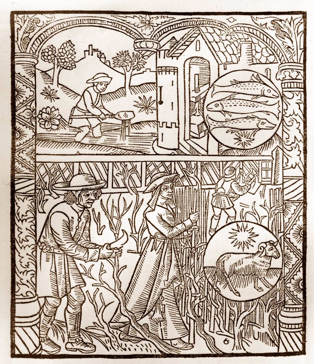 Pastýřský kalendář - Práce měsíců - Březen - Dřevoryt z knihy z roku 1496 vytištěné Guy Marchantem (Guido Mercator) v Troyes - Dřevoryt v „Le grand Calendrier et compost des shepherds“ - od Guy Marchant
