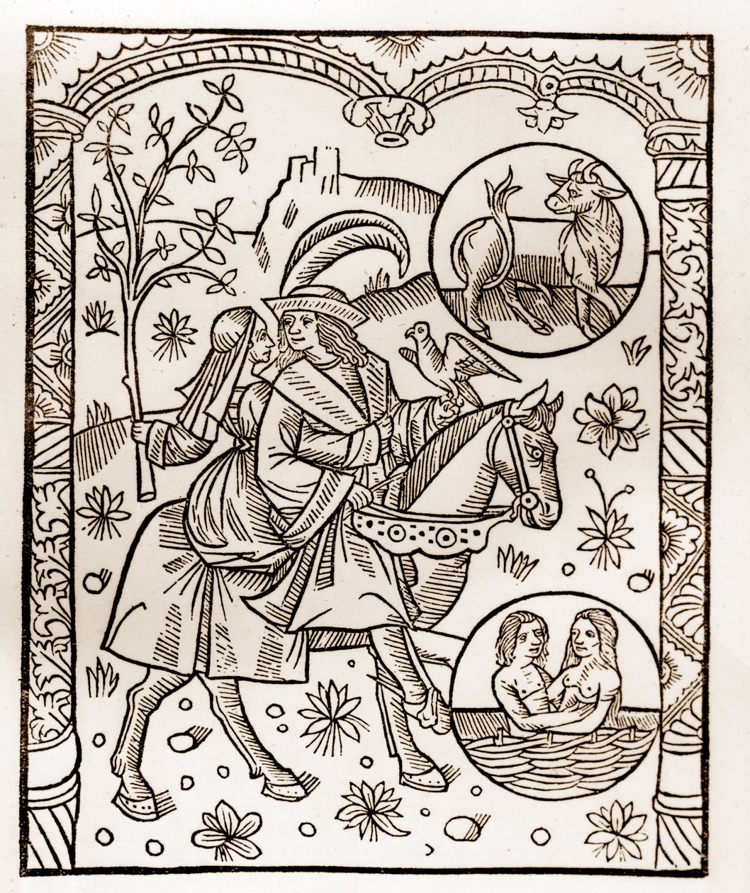 Pastýřský kalendář - Práce měsíců - Květen - Dřevoryt z knihy z roku 1496 vytištěné Guyem Marchantem (Guido Mercator) v Troyes - Dřevoryt v „Le grand Calendrier et compost des shepherds“ - od Guy Marchant