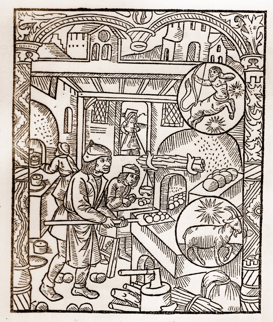 Pastýřský kalendář - Práce měsíců - Listopad - Dřevoryt z knihy z roku 1496 vytištěné Guyem Marchantem (Guido Mercator) v Troyes - Dřevoryt v „“ Le grand Calendrier et compost des Shepherds““ - Pec na chleba - od Guy Marchant