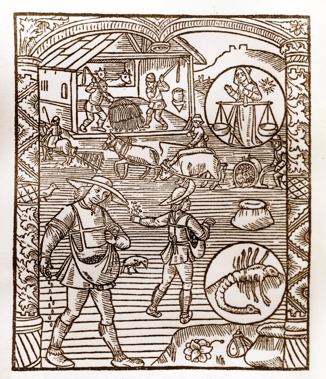 Pastýřský kalendář - Práce měsíců - Září - Dřevoryt z knihy z roku 1496 vytištěné Guy Marchantem (Guido Mercator) v Troyes - Au premier plan, des peassans sement a la volee - Dřevoryt v „Le grand Calendrier et compost des shepherds“ - od Guy Marchant