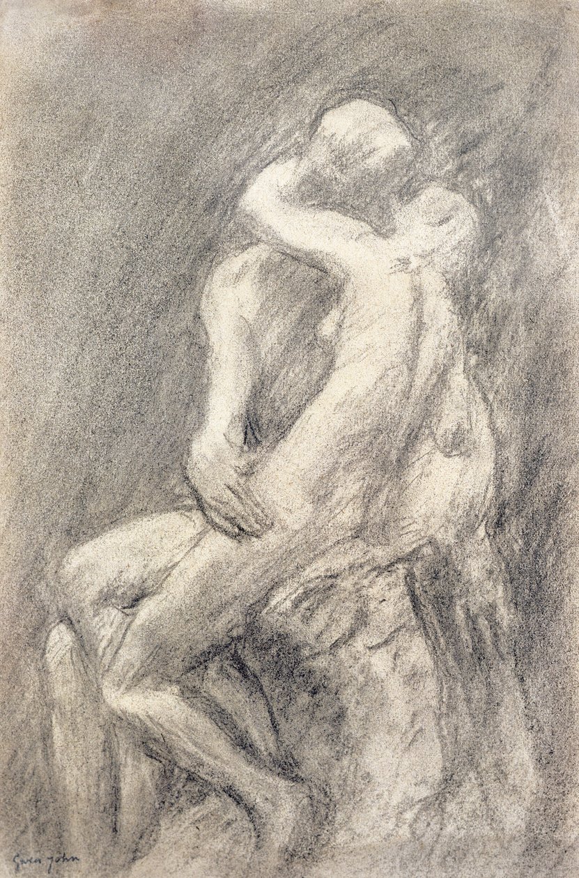 Studie Rodinova polibku v ateliéru (uhel na papíře) od Gwen John