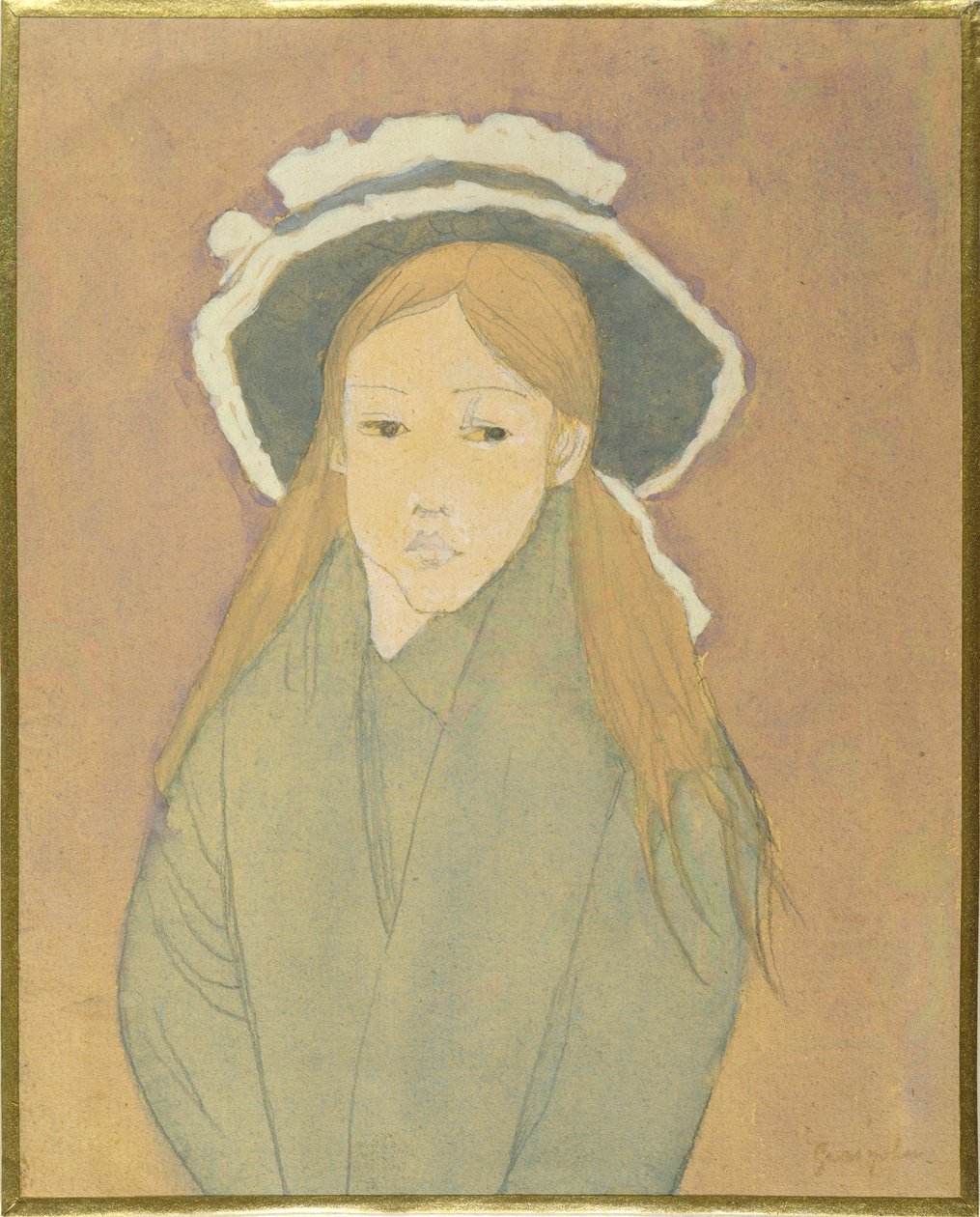 Dívka s velkým kloboukem a slámově zbarvenými vlasy, 1910 (wc, kvaš a grafit na papíře) od Gwen John