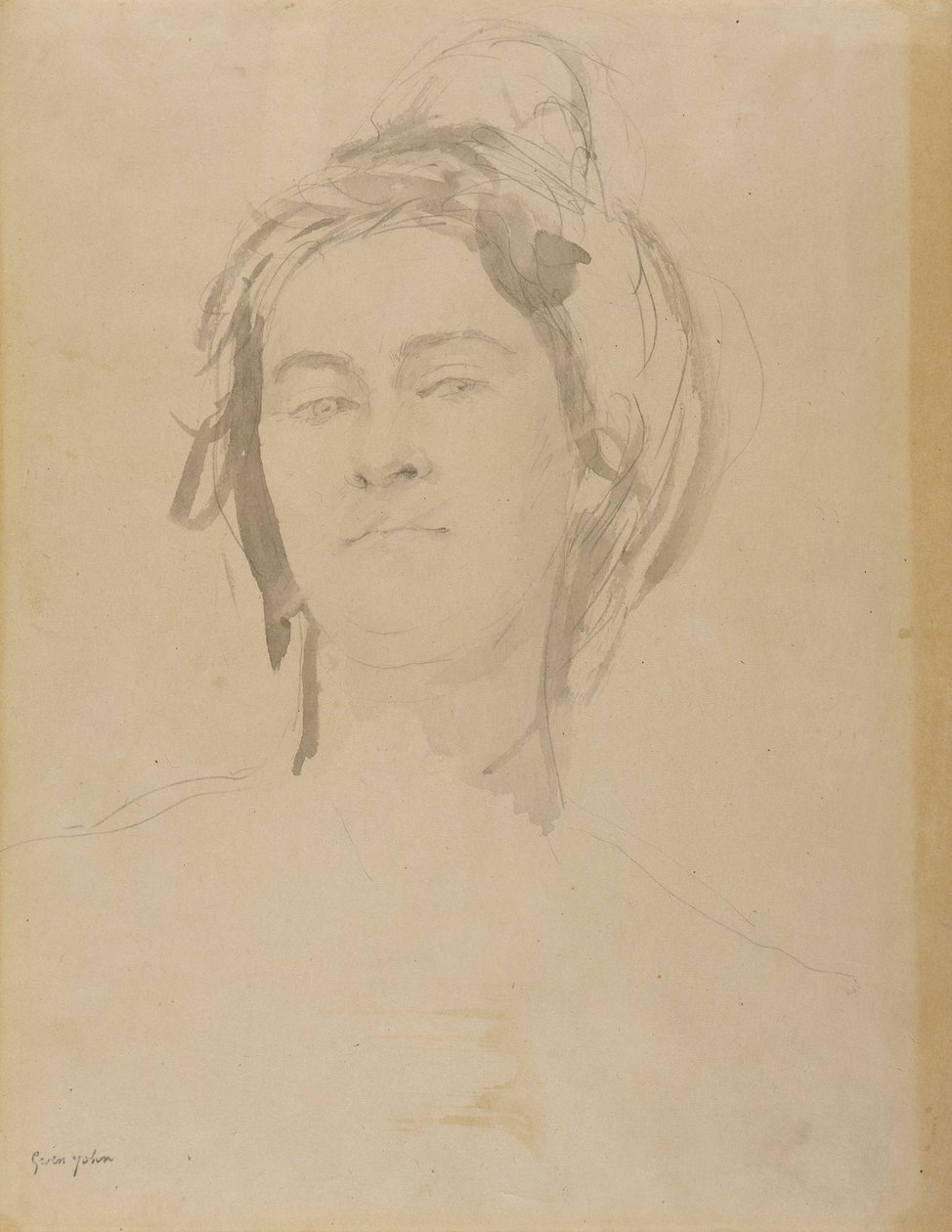Hlava mladé ženy (tužka a wash na papíře) od Gwen John