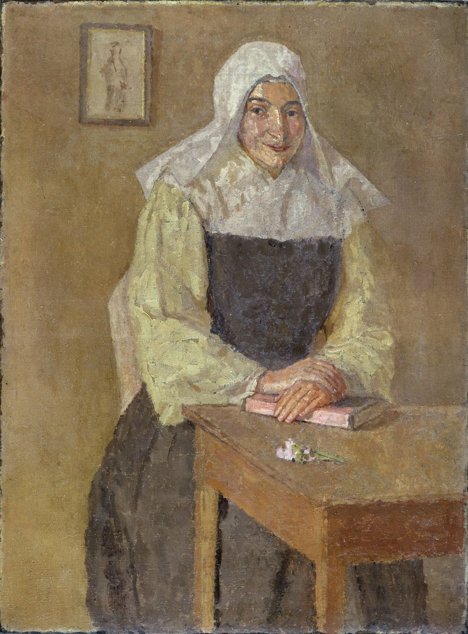 Mere Poussepin sedící u stolu (olej na plátně) od Gwen John