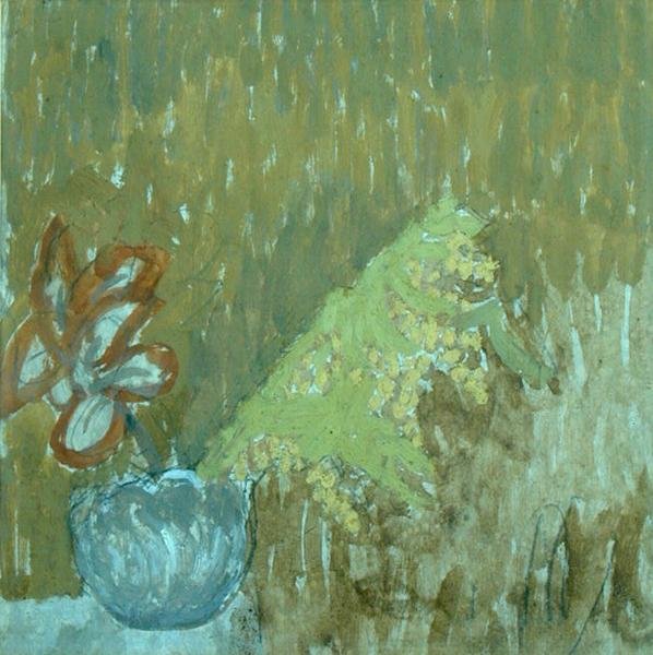 Mimosa a jiné květiny ve váze, kolem roku 1930 (tužka a olej na papíře) od Gwen John