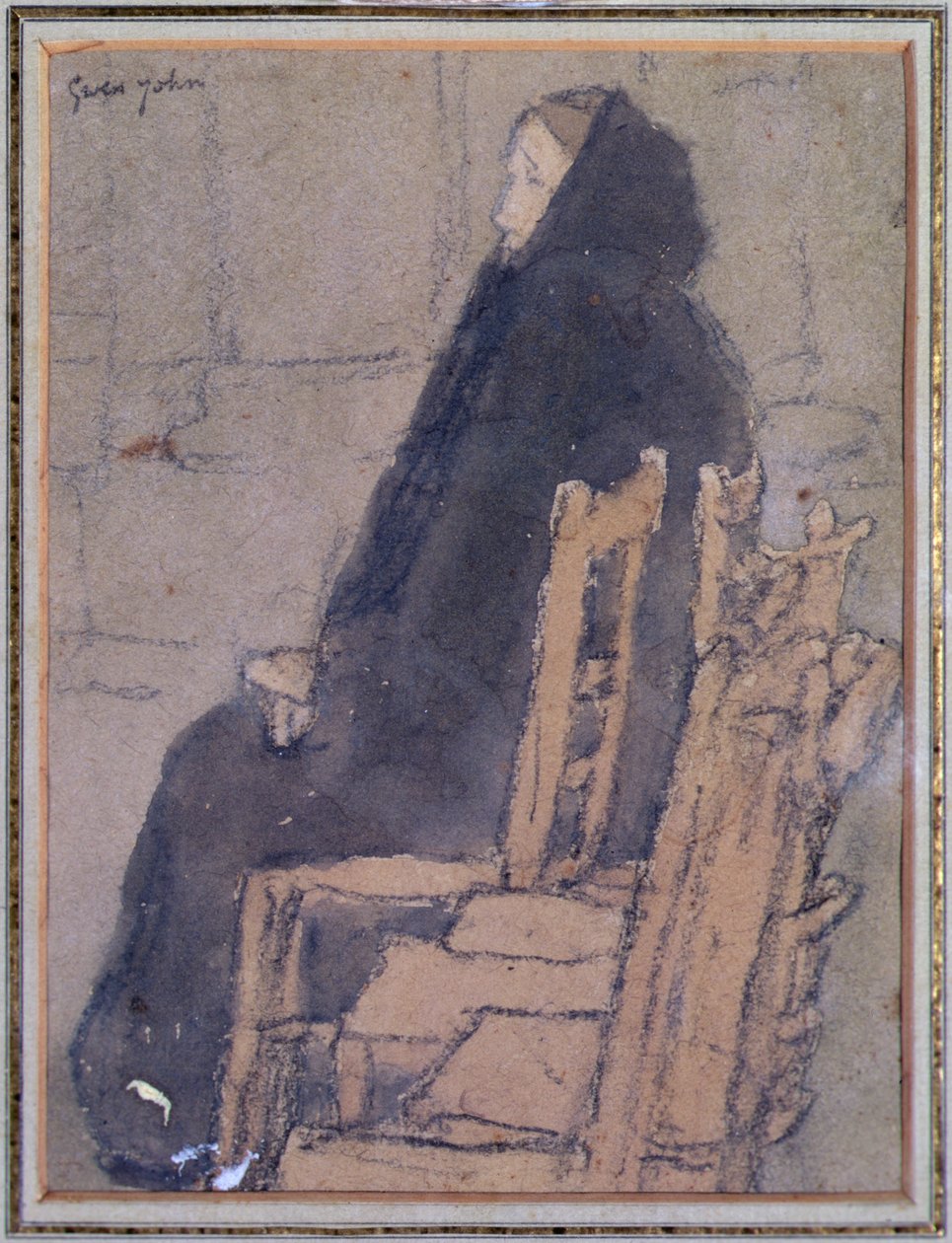 Stará žena v černém šátku (akvarel, tělová barva a černá pastelka na béžovém papíře) od Gwen John