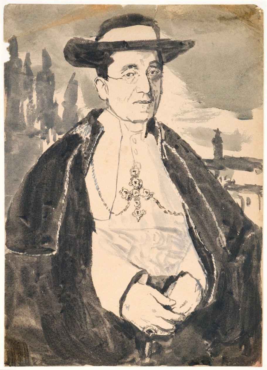 Papež Benedikt XV (kvaš a wash na papíře) od Gwen John
