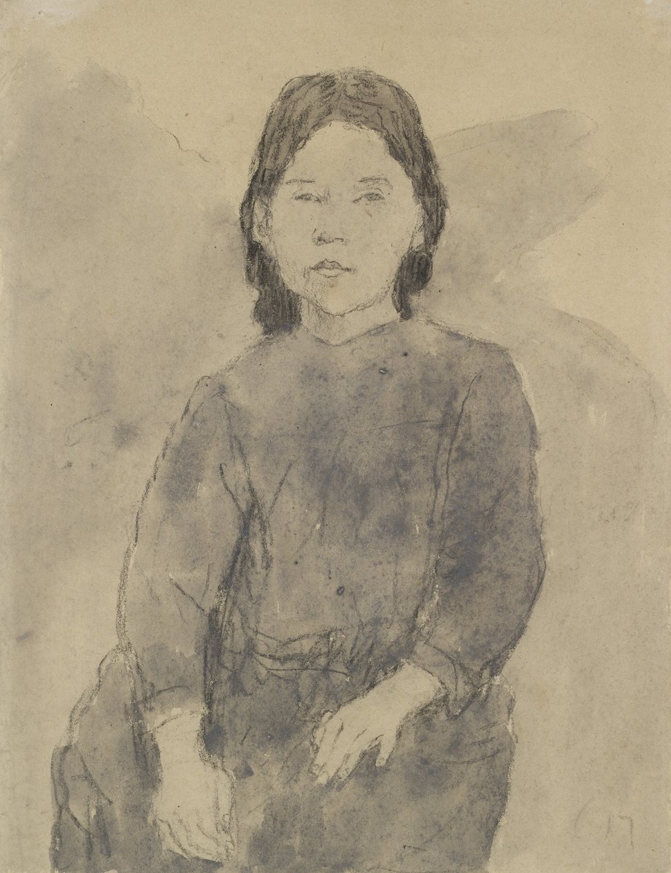 Sedící dívka (Marie Hamonet?) (uhl, šedá barva & tělová barva na šedém papíře) od Gwen John