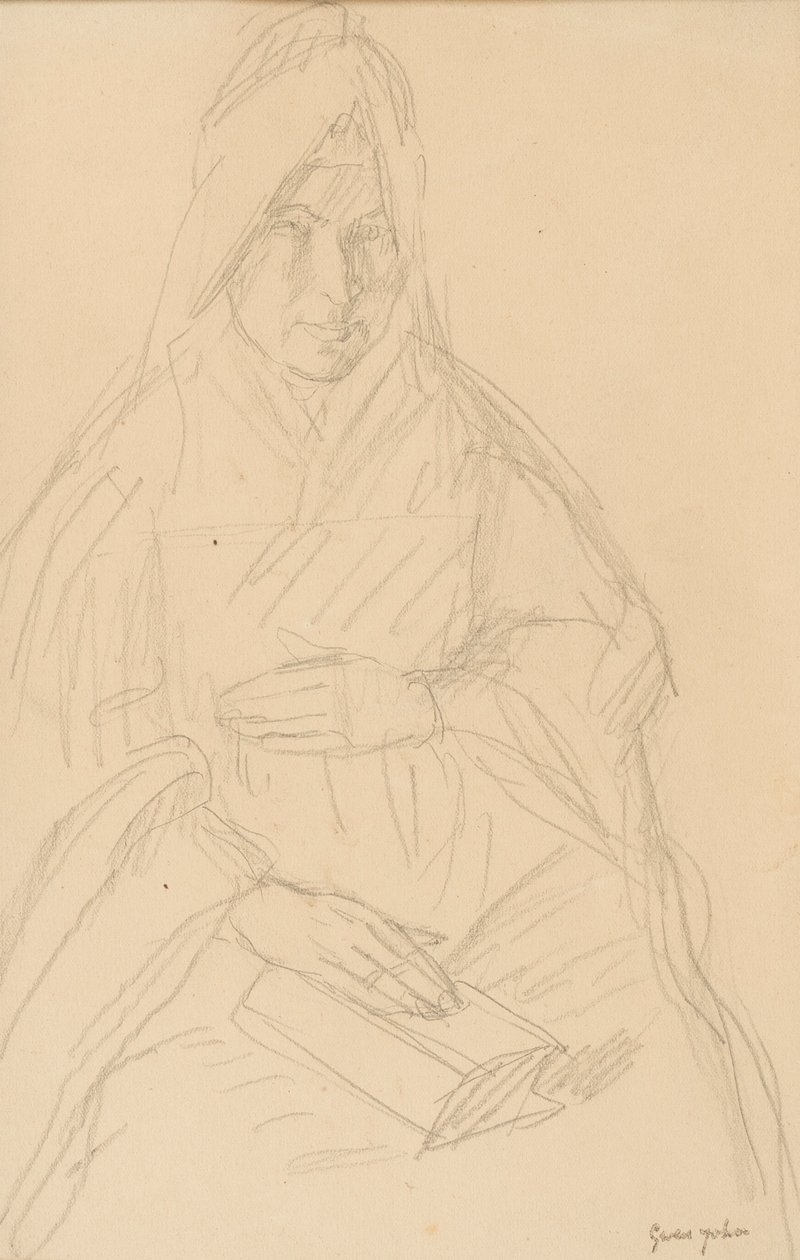 Studie pro Mere Poussepin sedícího u stolu, kolem roku 1915 od Gwen John