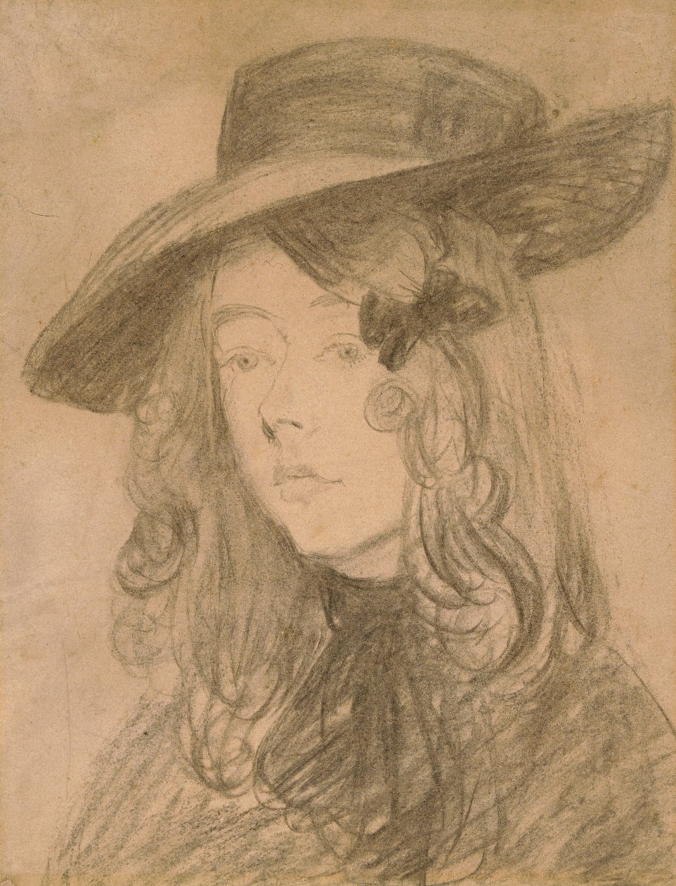 Winifred John ve velkém klobouku (uhel na papíře) od Gwen John