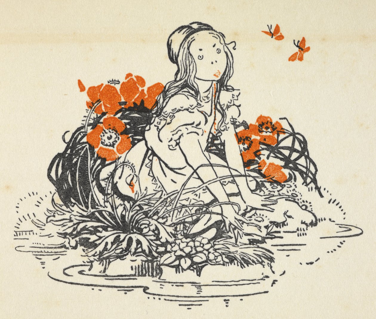 Ilustrace Alice u bazénu obklopeného máky a motýly od Gwynedd M. Hudson