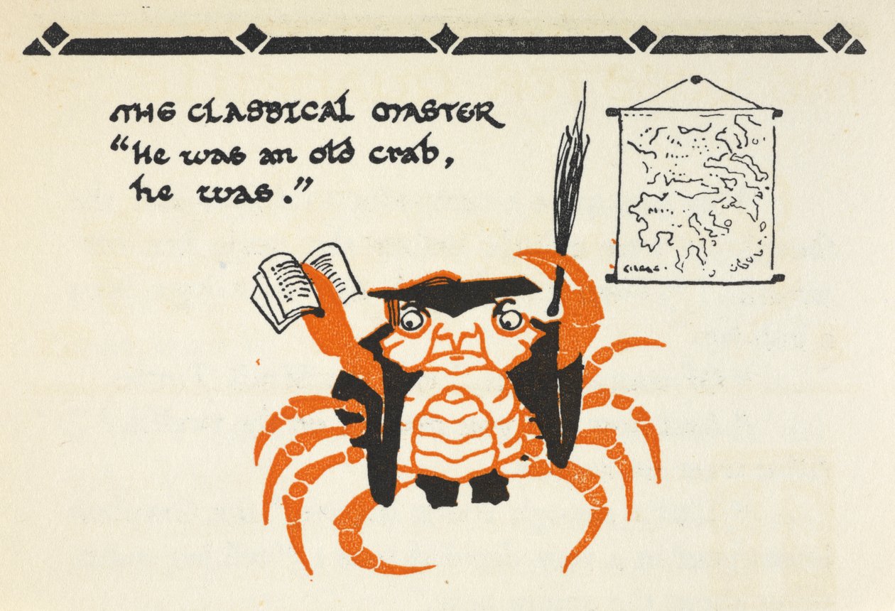 Ilustrace kraba převlečeného za učitele s knihou a bičem v ruce od Gwynedd M. Hudson