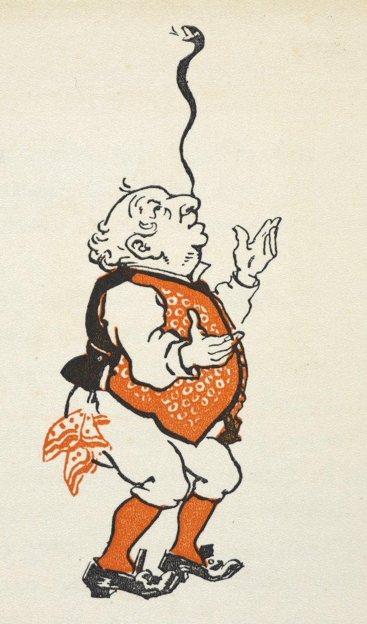 Ilustrace elegantně oblečeného muže balancujícího s hadem na nose. od Gwynedd M. Hudson
