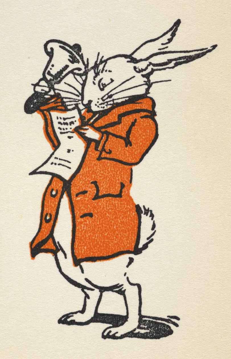 Ilustrace bílého králíka v červeném kabátku, který zvoní na velký zvon a čte. od Gwynedd M. Hudson