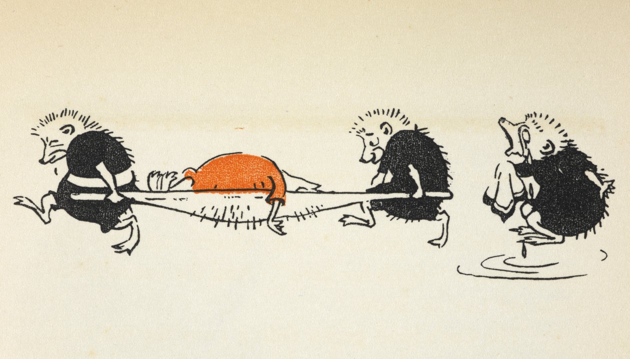 Ilustrace dvou ježků nesoucích zraněného hráče kroketu, za nimiž jde další plačící ježek. od Gwynedd M. Hudson