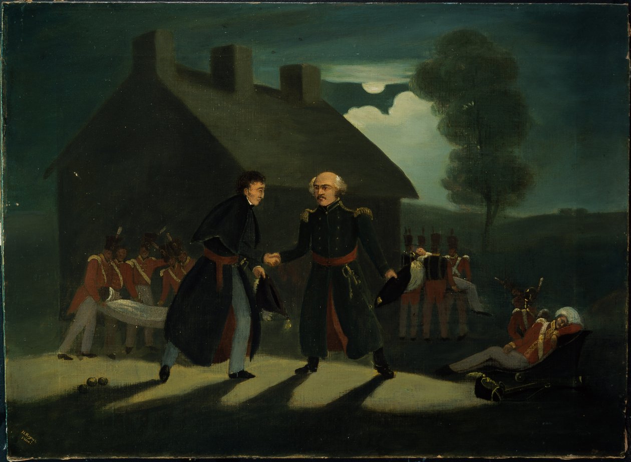 Setkání Wellingtona (1769-1852) a Bluchera (1742-1819) v La Belle Alliance po bitvě u Waterloo, kolem roku 1820 od H. Baynes