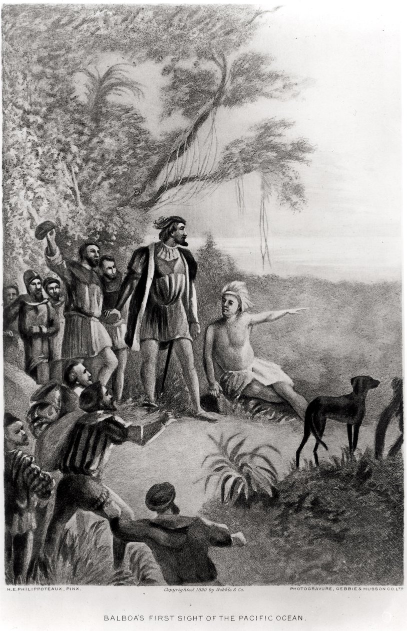 Balboův první pohled na Tichý oceán, 25. září 1513, z „Amerického kontinentu a jeho obyvatel před jeho objevením Kolumbem“, 1890 od H. E. Philippoteaux