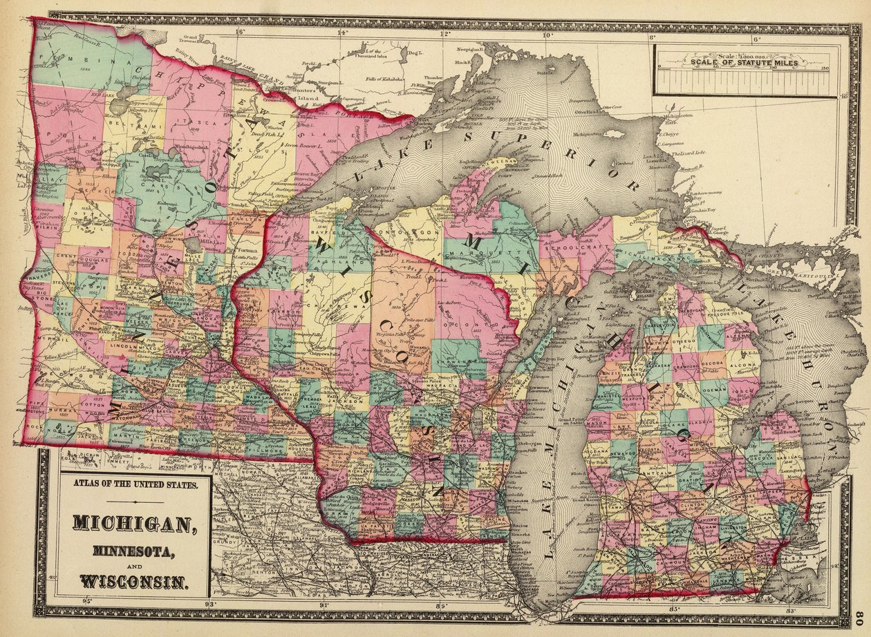 1872 mapa států Minnesota, Wisconsin a Michigan od H. F.; Gray Walling