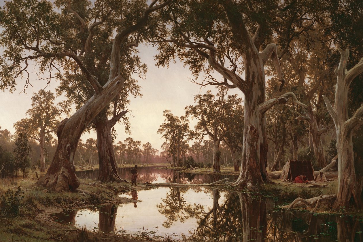 Večerní stíny, stojatá voda Murray, Jižní Austrálie od H J. Johnstone