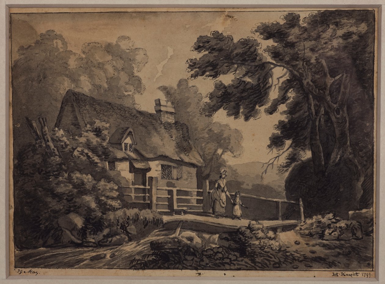 Matka a dítě překračující potok, 1799 (tužka, inkoust a mytí na papíře) od H. Knight