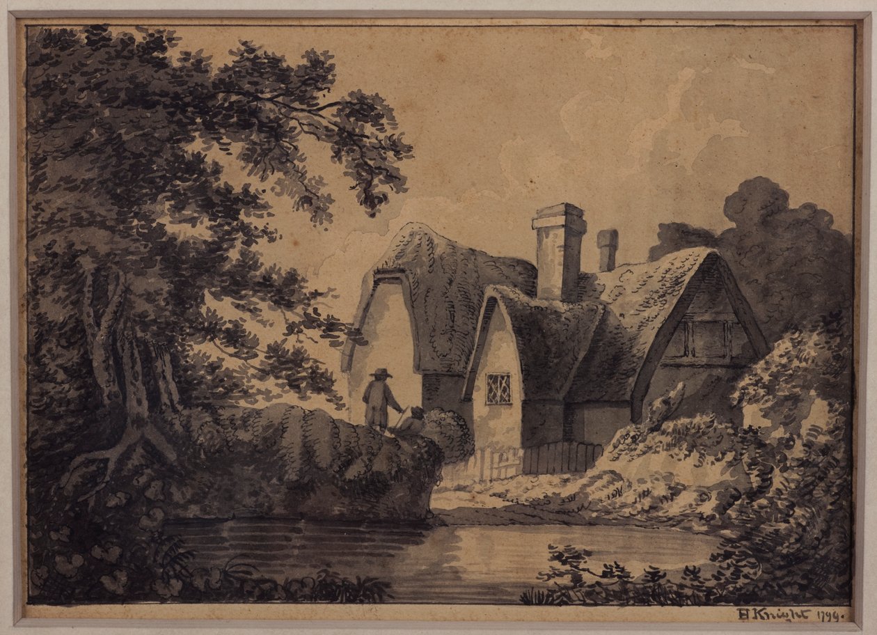 Dva u chalupy v krajině, 1799 (tužka, inkoust a pero na papíře) od H. Knight
