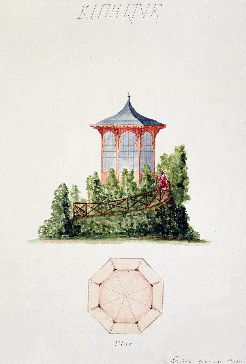 Návrh pavilonu ve zjednodušeném orientálním stylu, z folia původních kreseb v klasickém stylu a raném stylu Belle-Epoque, kolem roku 1870 od H. Monnot