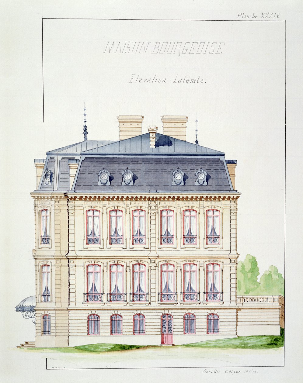 Boční pohled na dům pro buržoazii, deska XXXIV z folia návrhů, kolem roku 1870 od H. Monnot