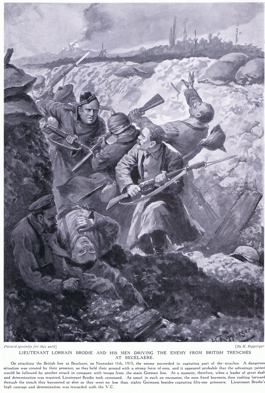 Poručík Lorrain Brodie získal VC za vyhnání nepřítele z britských zákopů u Becelaere v listopadu 1915 od H. Ripperger