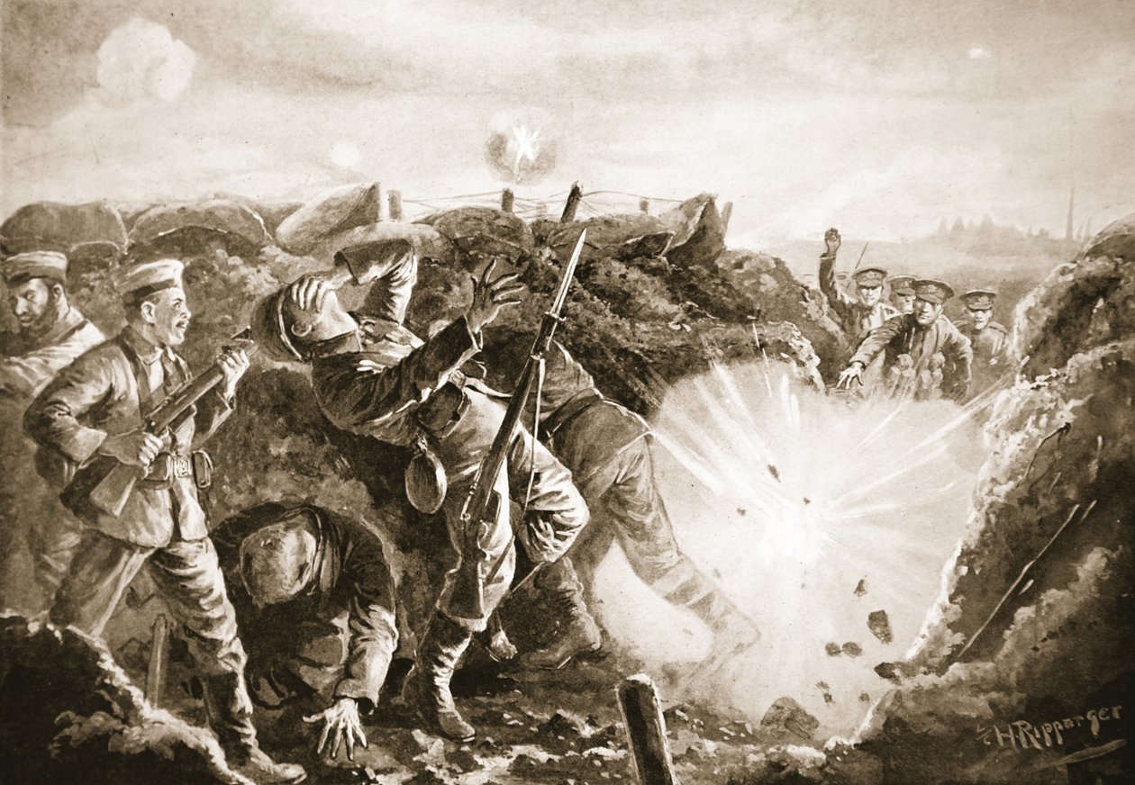 Vojín Chillingworth asistuje při bombardování nepřítele ze zákopu, který obsadili. od H. Ripperger