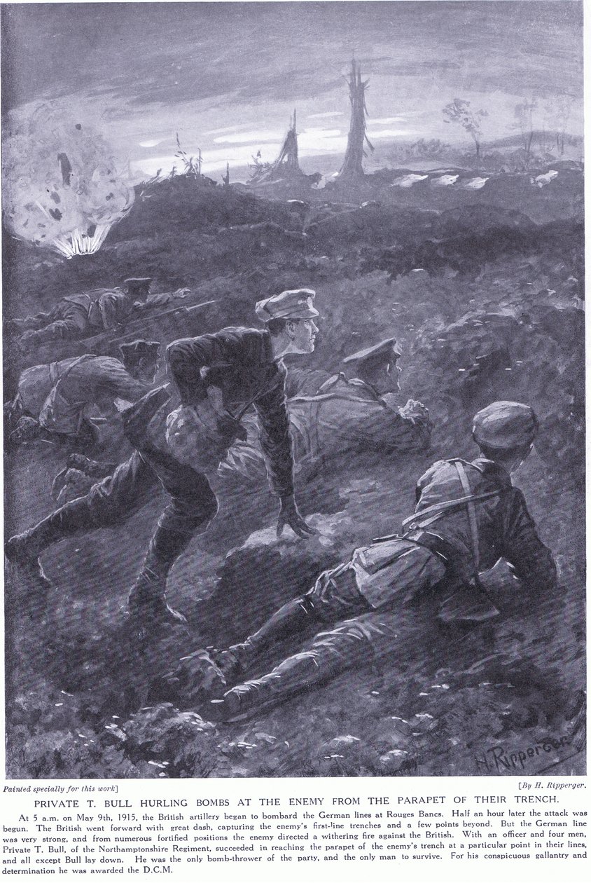 Vojín T. Bull získal DCM za házení bomb na nepřítele z parapetu zákopu u Rouges Banc v květnu 1915. od H. Ripperger