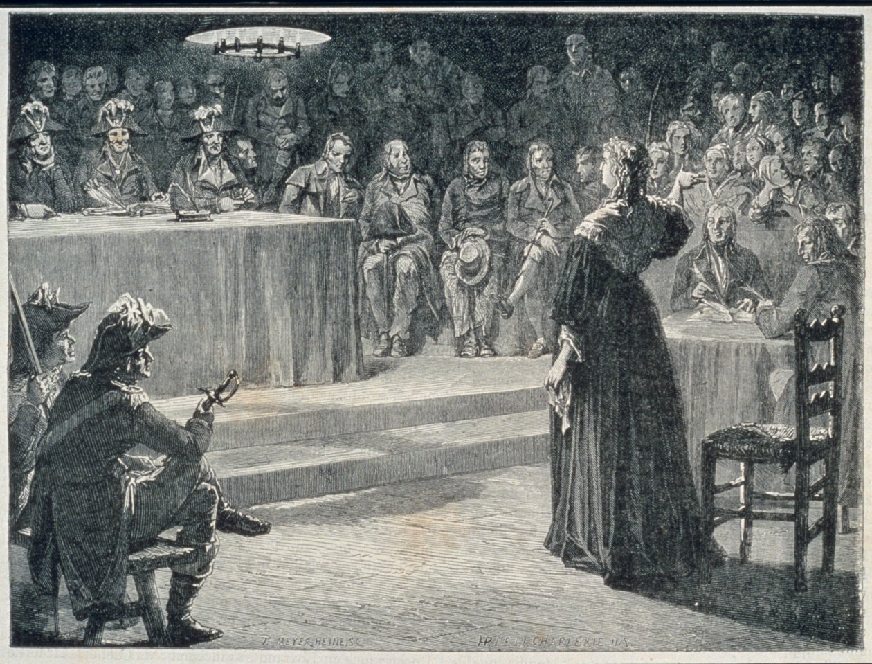 Marie-Antoinette stojící před revolučním tribunálem v roce 1793, vyryl Theodor Meyer-Heine od H. de la Charlerie