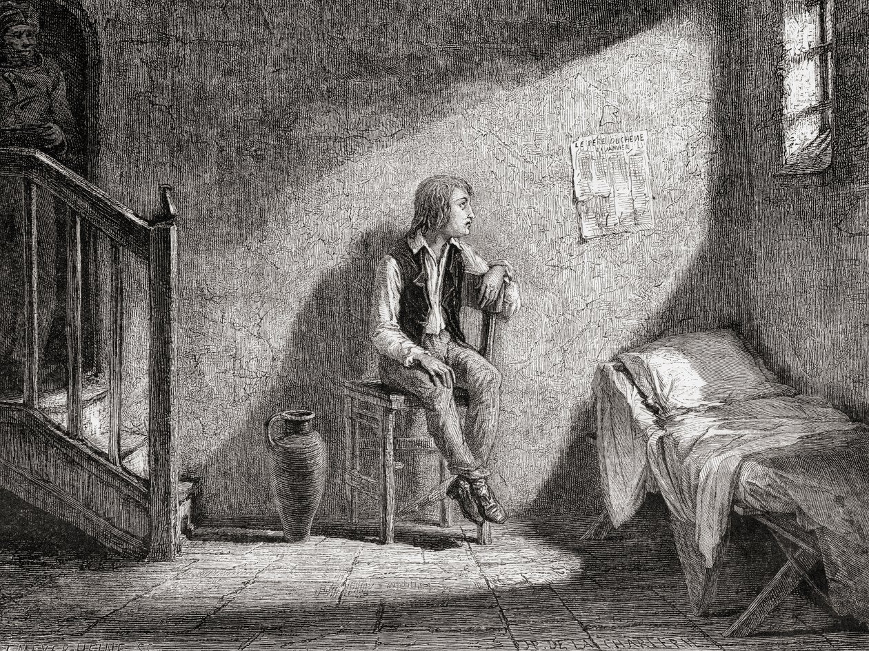 Dauphin v zajetí v roce 1792, vyryl Theodor Meyer-Heine od H. de la Charlerie