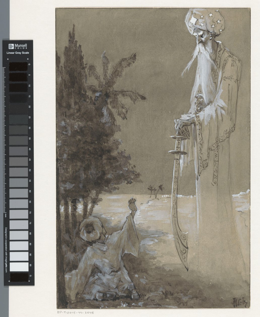 Vysoký muž s plnovousem shlíží na sedícího chlapce od H.C. Louwerse (signed by artist)