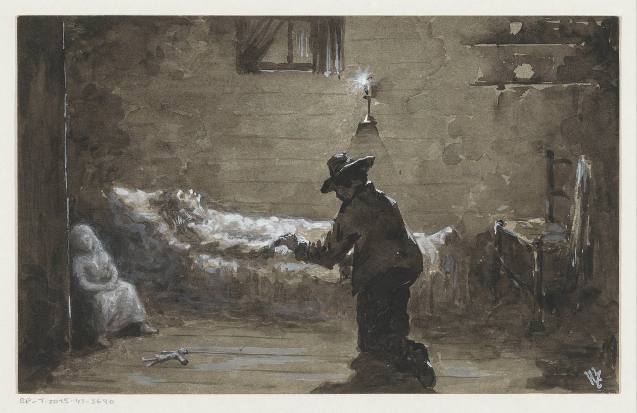 Muž klečí u postele ženy od H.C. Louwerse (signed by artist)