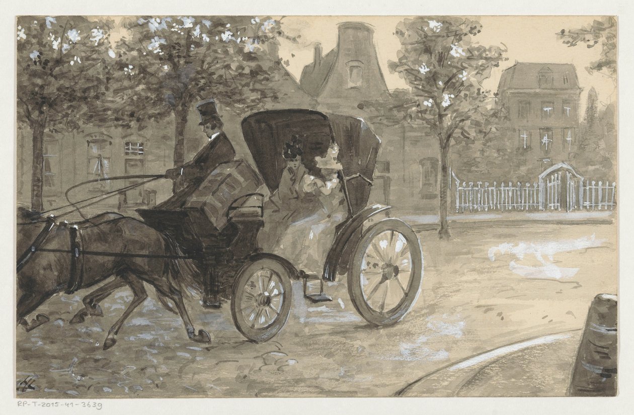 Dvě ženy v kočáru taženém koňmi od H.C. Louwerse (signed by artist)