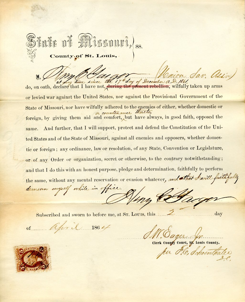 Věrnostní přísaha Henryho C. Yaegera z Missouri, hrabství St. Louis od H.C. Yaeger