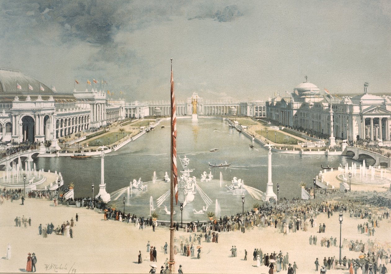The Worlds Columbian Exposition, při pohledu na východ od MacMonnies Fountain směrem k Court of Honor a Grand Basin, Chicago, Illinois, 1893 od H.D. Nichols