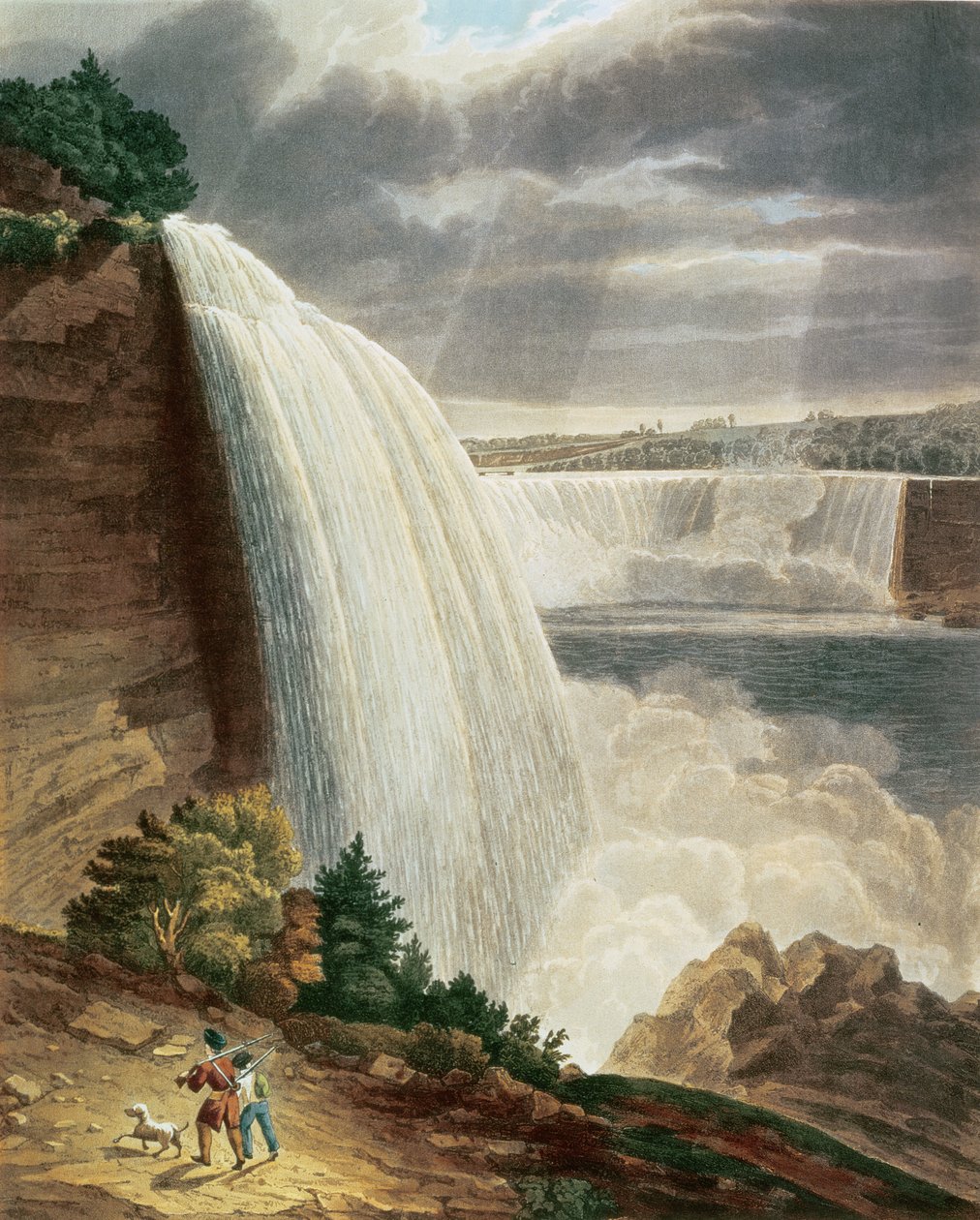 Niagarské vodopády, část American Fall from the Foot of the Stair Case, vyryl J. Hill, hospoda. od H.L.Megarcy (barevné rytí) od H.J. Bennett