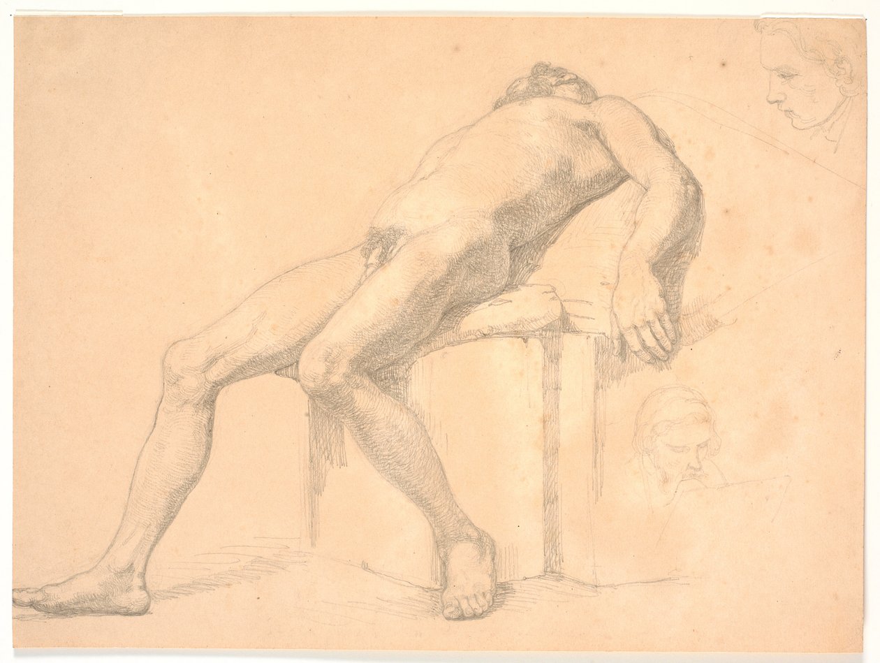 Studie ležícího mužského nahého modelu. T.h. dvě portrétní hlavy, jedna možná Constantin Hansen od H.W. Bissen