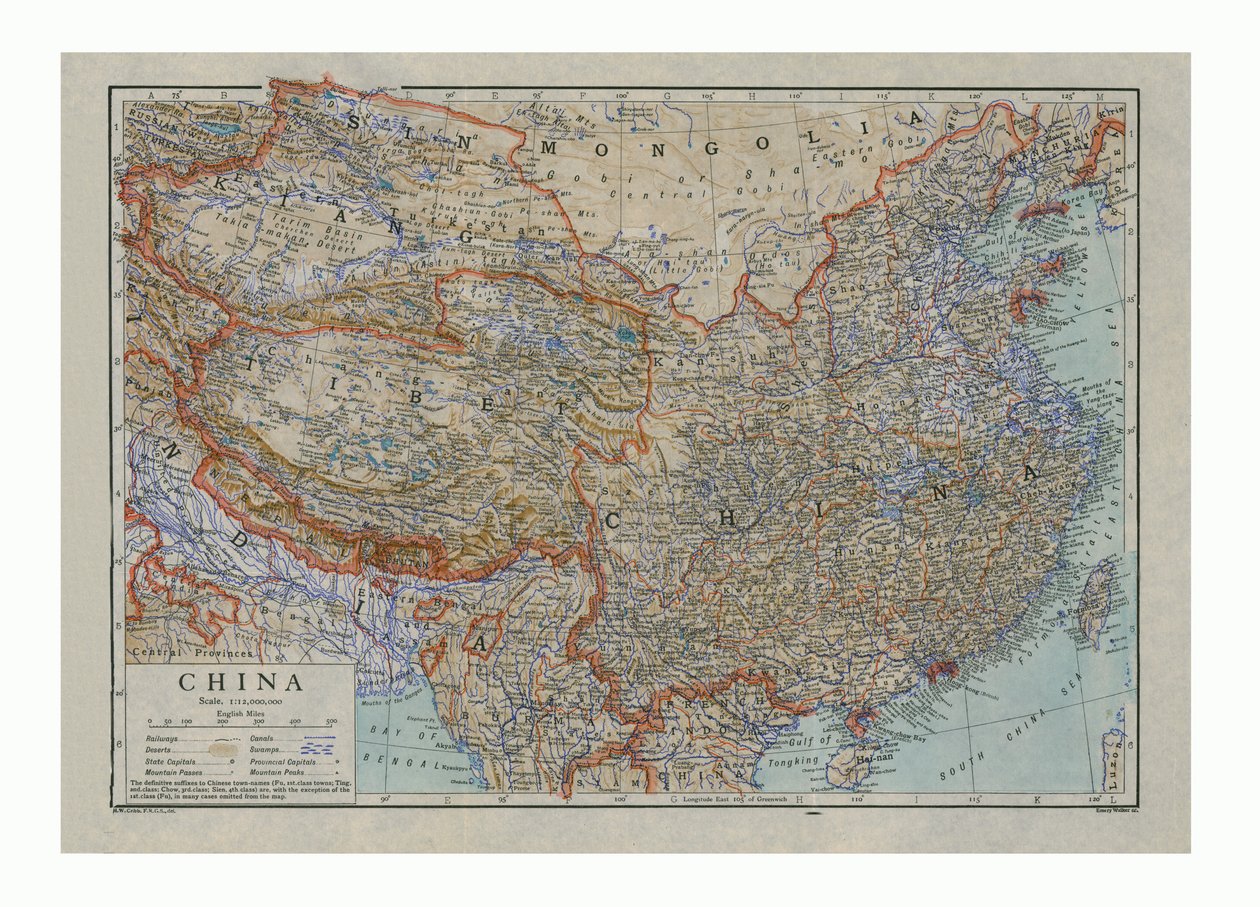 Mapa Číny, c1910 od HW Cribb