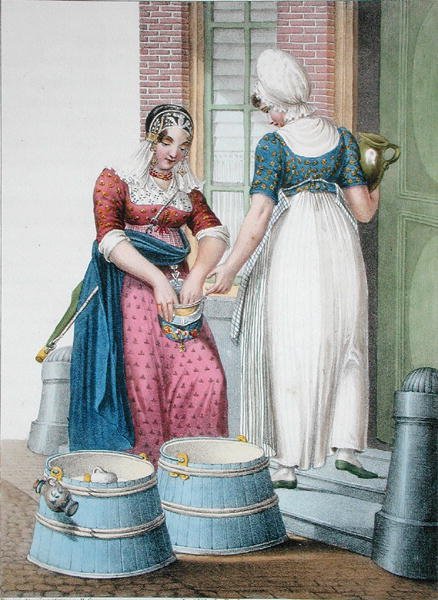 Amsterodamský sluha a místní dojička, ilustrace ze „Sbírek kostýmů severních provincií Nizozemského království...“ vyryté Villeneuvem od H. (after) Greeven