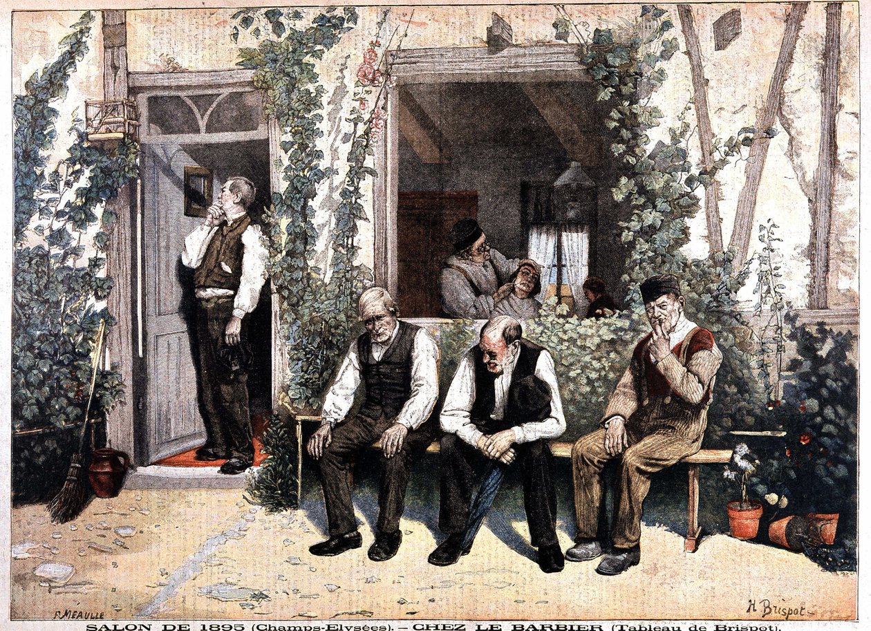 Holičství. Litografie podle obrazu Brispot, výstava z roku 1895 na Champs Elysees. V „“Le Petite Journal““ z 26. května od H. Brispot