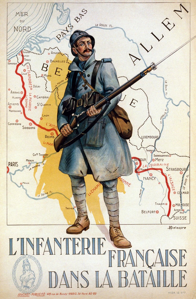 Francouzská pěchota v bitvě (červená čára představuje Hindenburgovu linii) - nemoc. od H. Delaspre od H. Delaspre