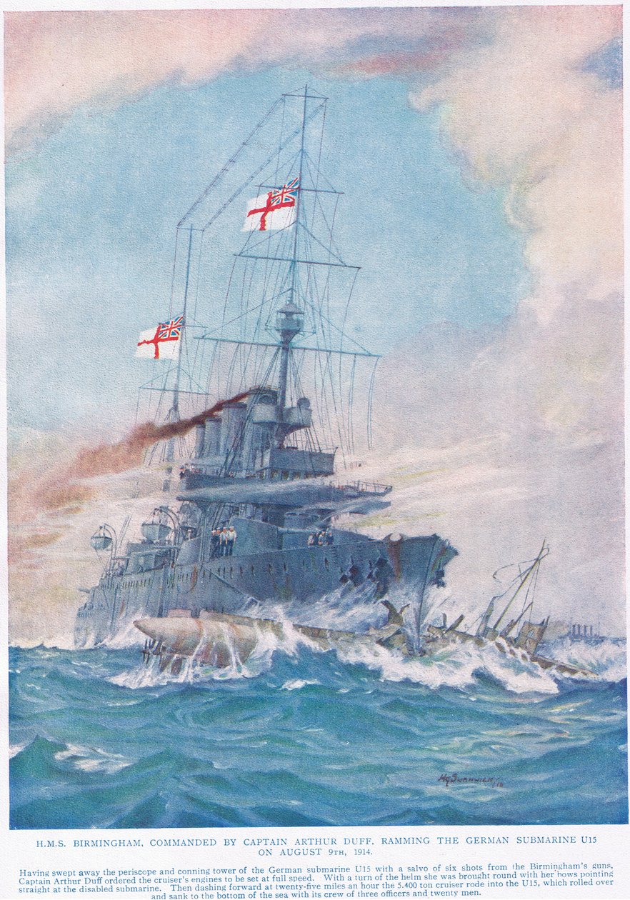 HMS Birmingham pod velením kapitána Arthura Duffa, narážejícího na německou ponorku U15 9. srpna 1914, ilustrace z 