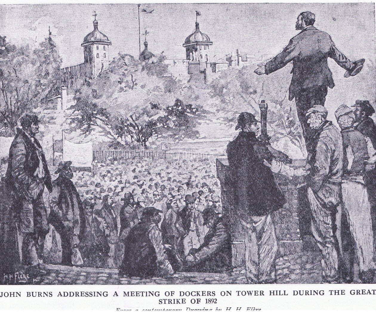 John Burns v projevu na setkání dokerů na Tower Hill během Velké stávky v roce 1892, z Cassells History of the British People vydané společností Waverley Book Company Limited, kolem roku 1940 od H. H. Flere