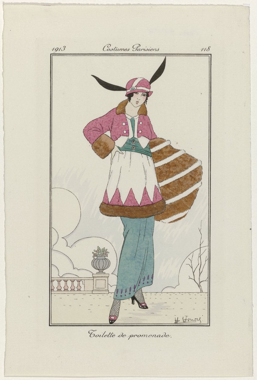 Journal of Ladies and Fashions: the Fashion Illustrators Journal of Ladies and Fashions: Fashion News Journal des Dames et des Modes, Costumes Parisiens, 1913, č. 118: Toaleta na procházku od H. Honore