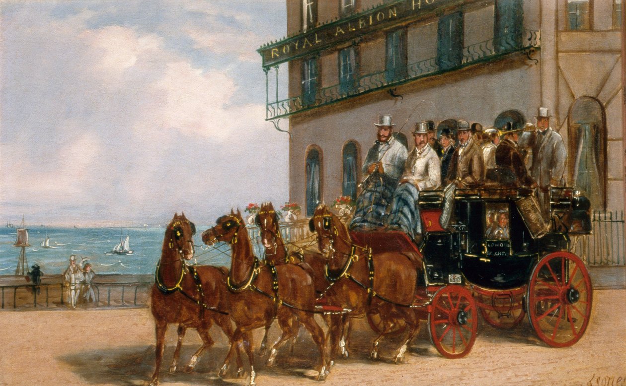 Dostavník před hotelem Royal Albion od H. J. Jones