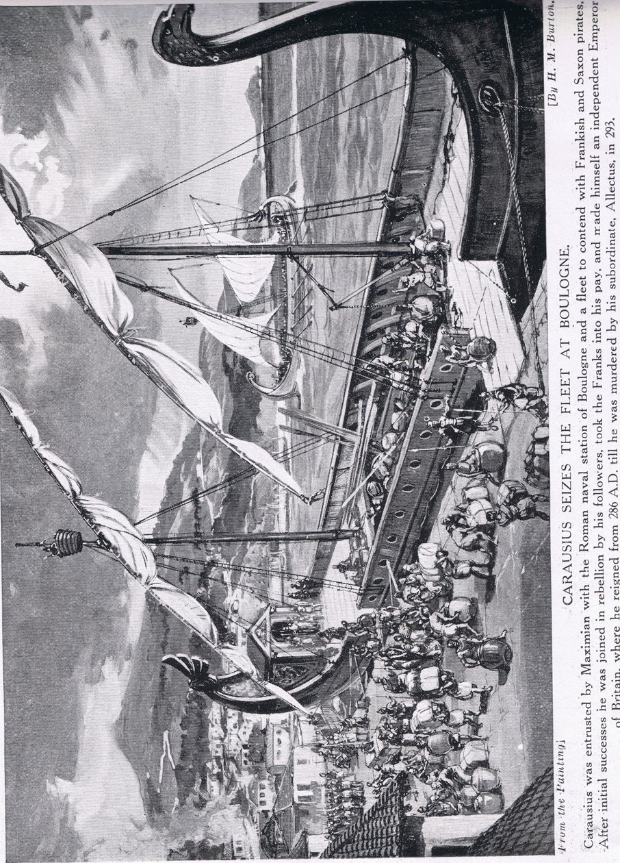 Carausius se zmocnil flotily v Boulogne, ilustrace z „Hutchinsonovy historie národů“, kolem roku 1910 od H. M. Burton