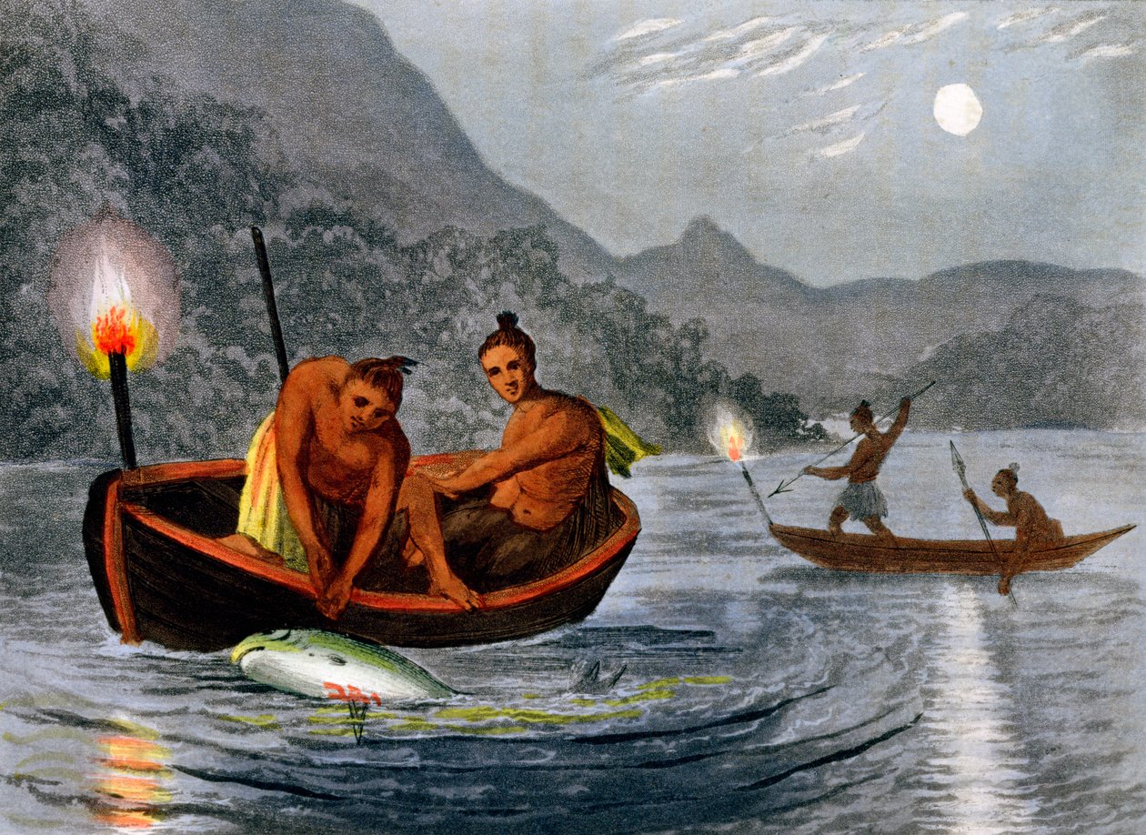Domorodí Američané lovící za svitu pochodní v Severní Americe, 1813 od H Merke
